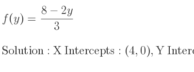 The f(y)=(8-2y)/3 is X Intercepts: (4,0),Y Intercepts: (0, 8/3)